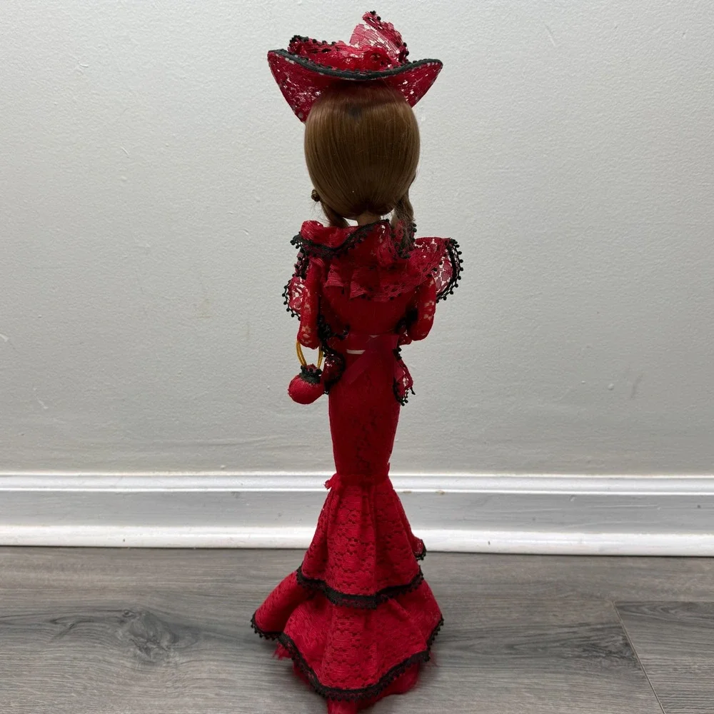 Vintage 1970s Korean Bradley Big Eye Boudoir Doll Red Lace Dress Musical